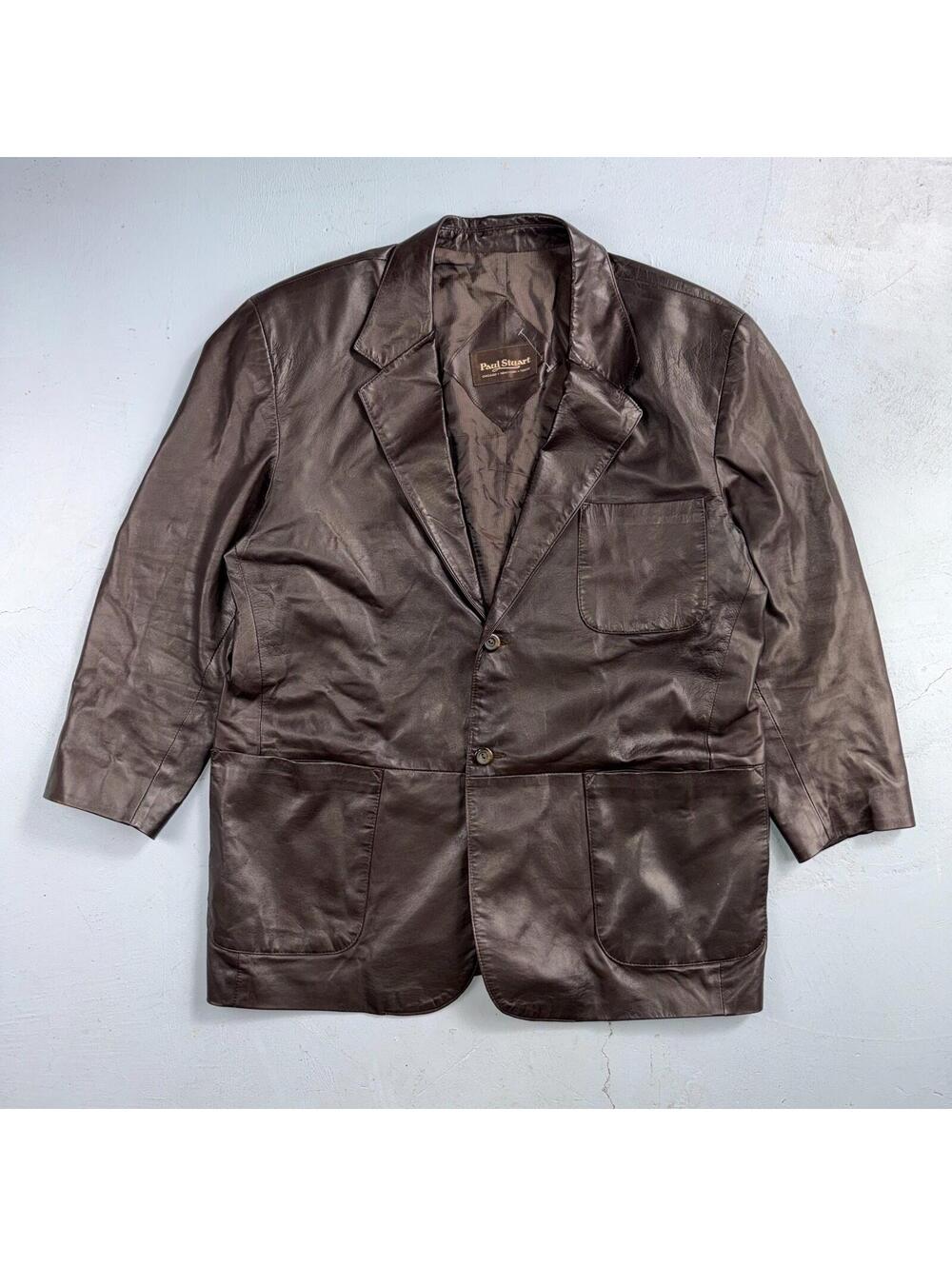 Paul Stuart Mens Vintage Brown Leather Jacket XL Chore Coat Pockets EUC Blazer